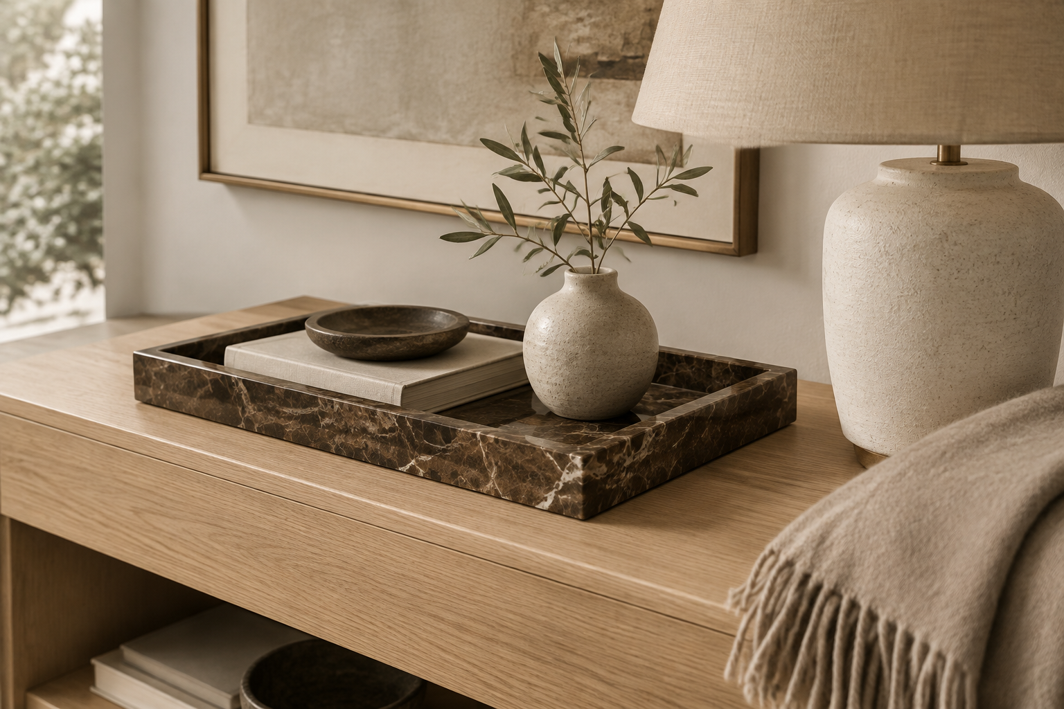 Brown marble tray styled on oak console table with lamp, ceramic vase and cashmere throw