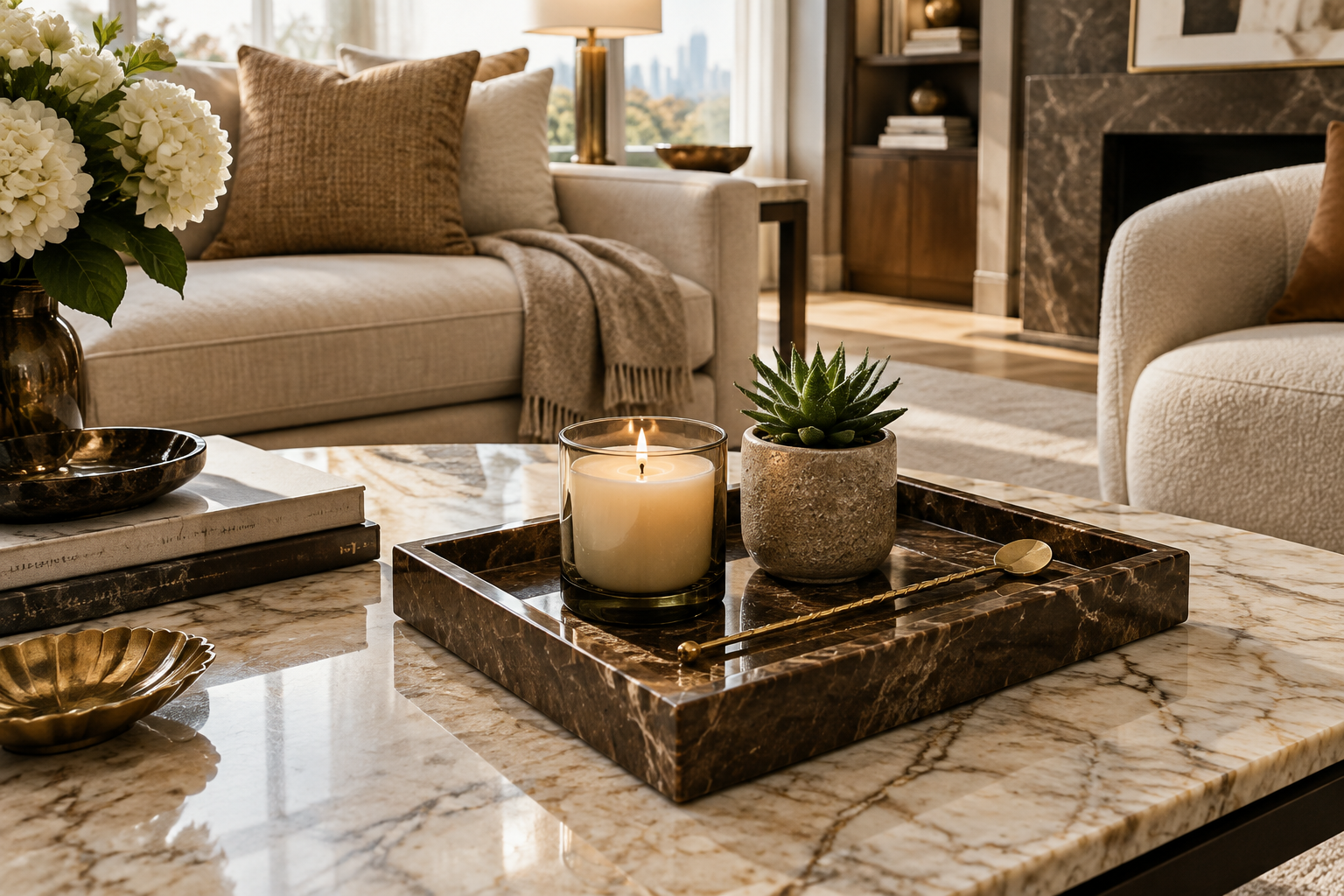 Brown marble tray on coffee table styled with candle, succulent and gold stirrer in a luxury living room